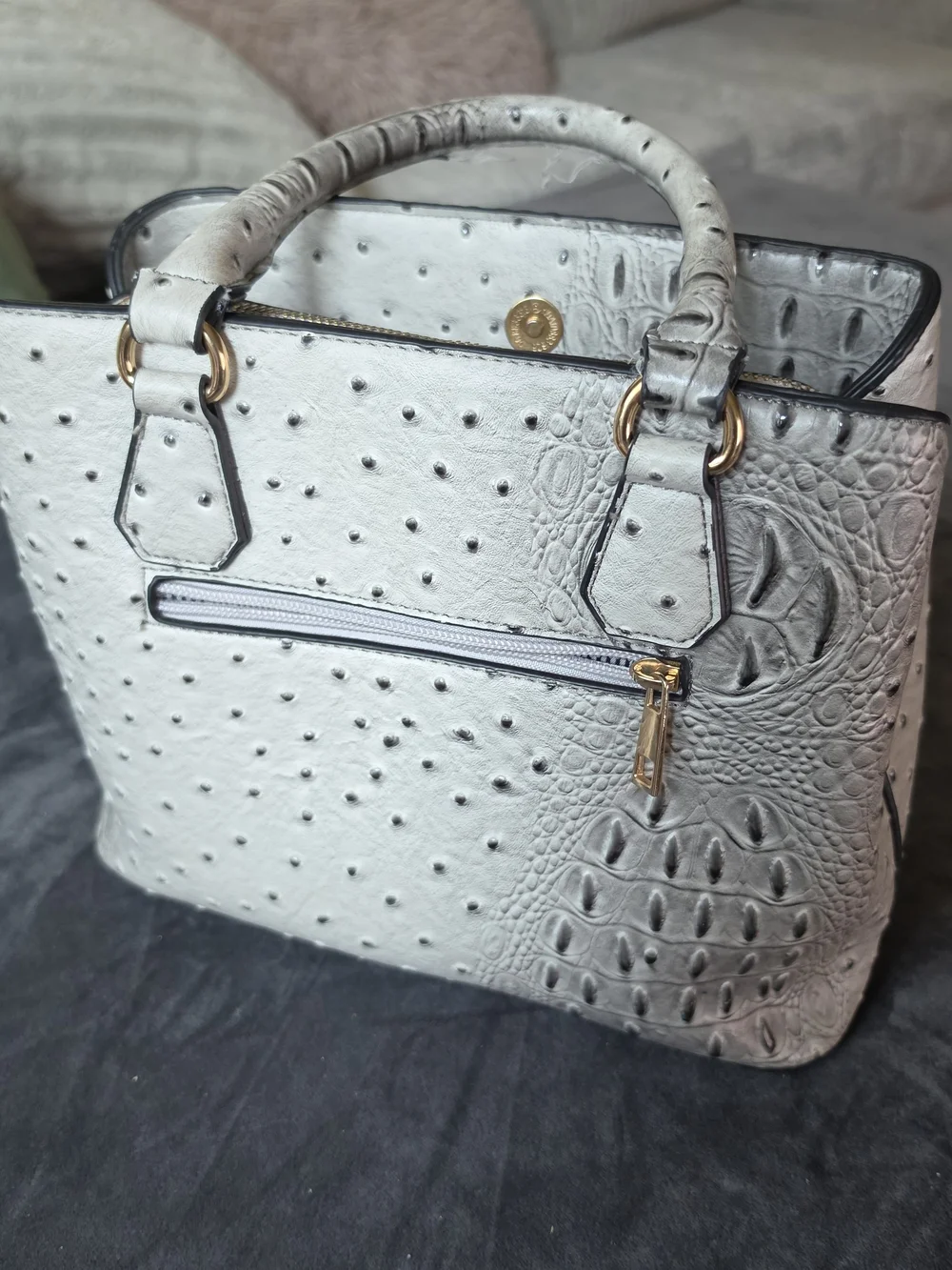 White Ostrich-Texture Tote Bag with Tassel Accents